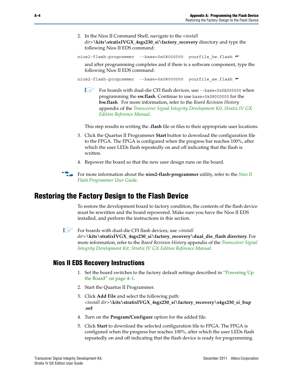 Restoring the factory design to the flash device, Nios ii eds recovery instructions, R to | Restoring the | Altera Transceiver Signal Integrity User Manual | Page 30 / 34