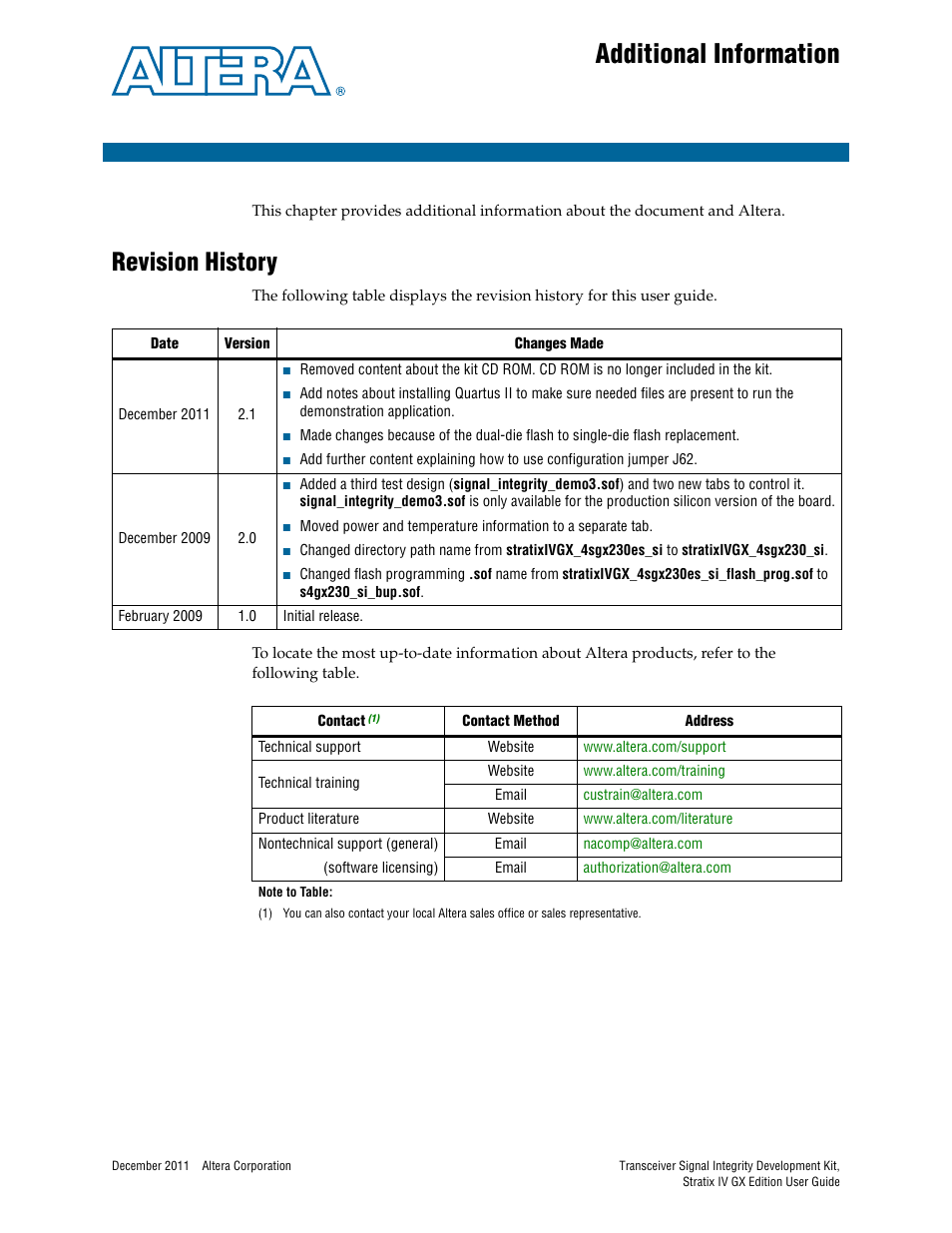 Additional information, Revision history | Altera Transceiver Signal Integrity User Manual | Page 33 / 34