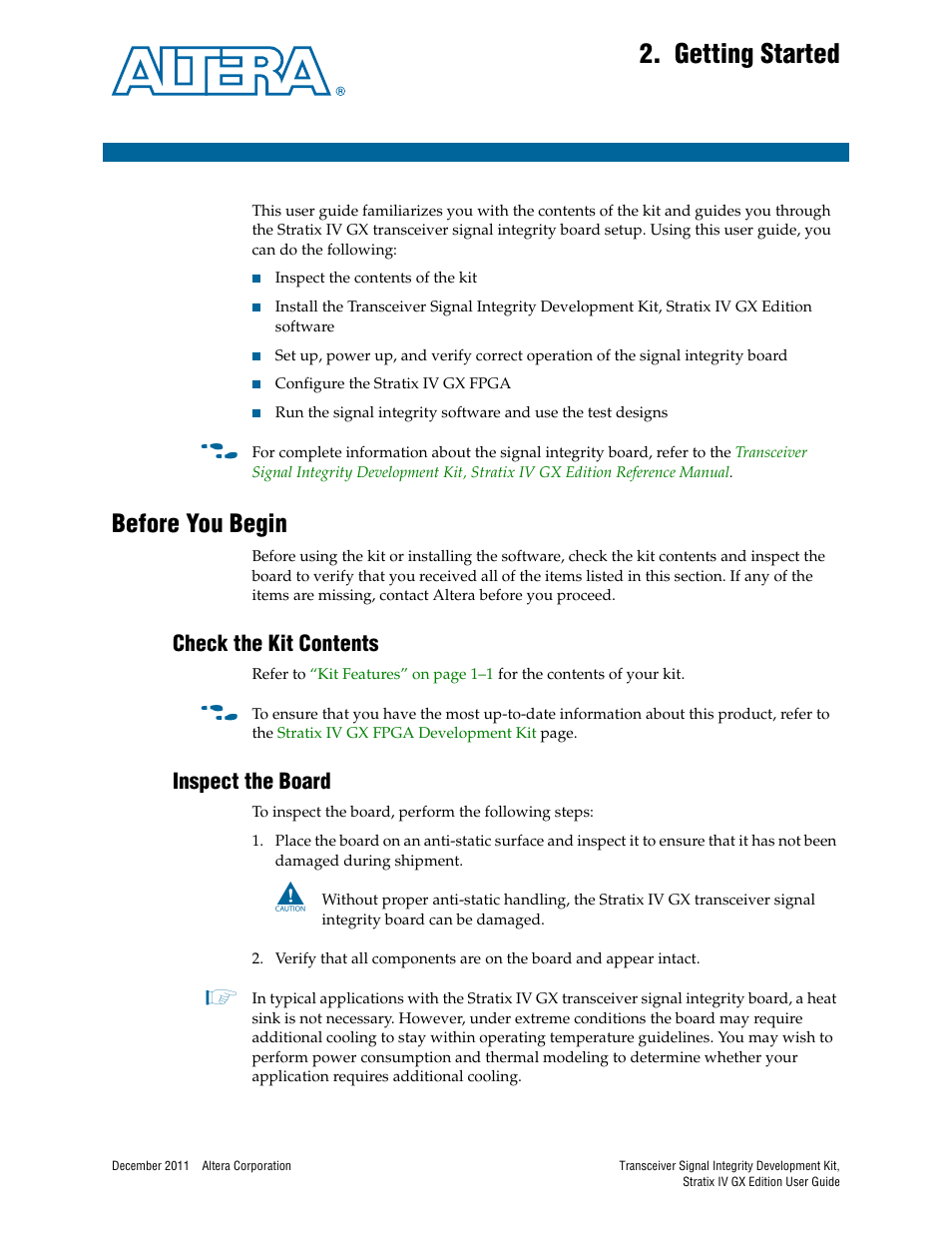 Getting started, Before you begin, Check the kit contents | Inspect the board, Chapter 2. getting started, Before you begin –1, Check the kit contents –1 inspect the board –1 | Altera Transceiver Signal Integrity User Manual | Page 7 / 34