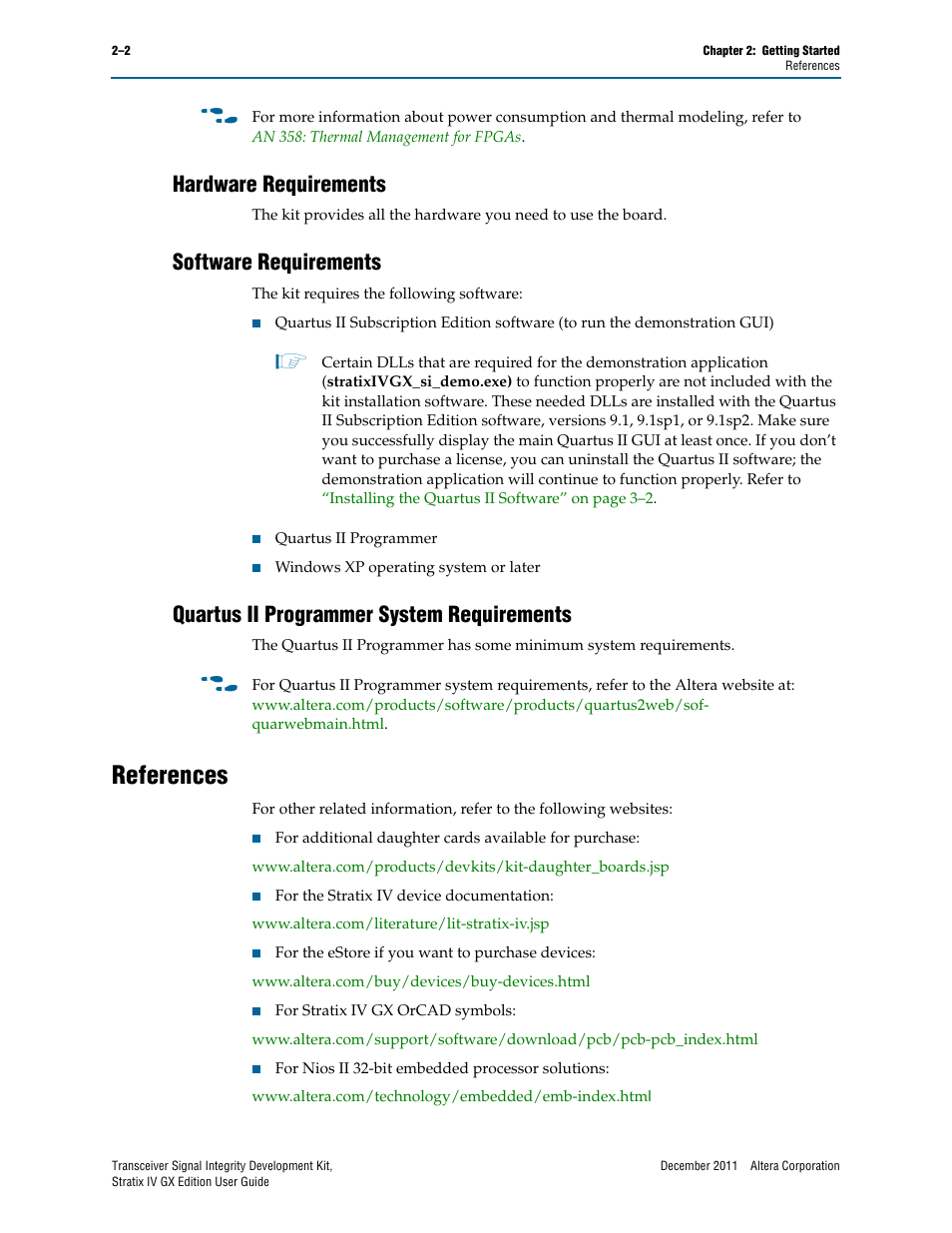 Hardware requirements, Software requirements, Quartus ii programmer system requirements | References, References –2 | Altera Transceiver Signal Integrity User Manual | Page 8 / 34
