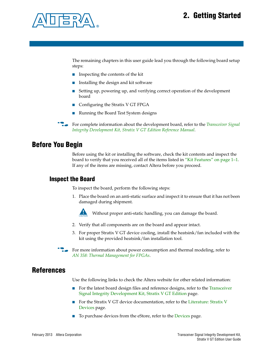 Getting started, Before you begin, Inspect the board | References, Chapter 2. getting started, Before you begin –1, Inspect the board –1, References –1 | Altera Transceiver Signal Integrity User Manual | Page 11 / 56