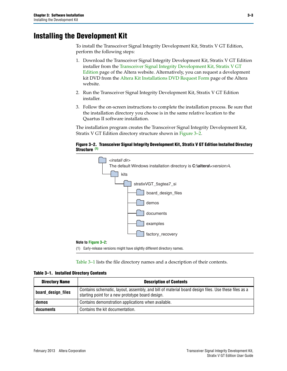 Installing the development kit, Installing the development kit –3, Installing the | Altera Transceiver Signal Integrity User Manual | Page 15 / 56