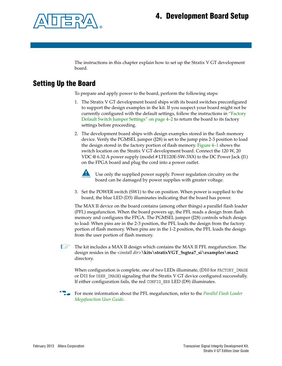 Development board setup, Setting up the board, Chapter 4. development board setup | Setting up the board –1 | Altera Transceiver Signal Integrity User Manual | Page 17 / 56