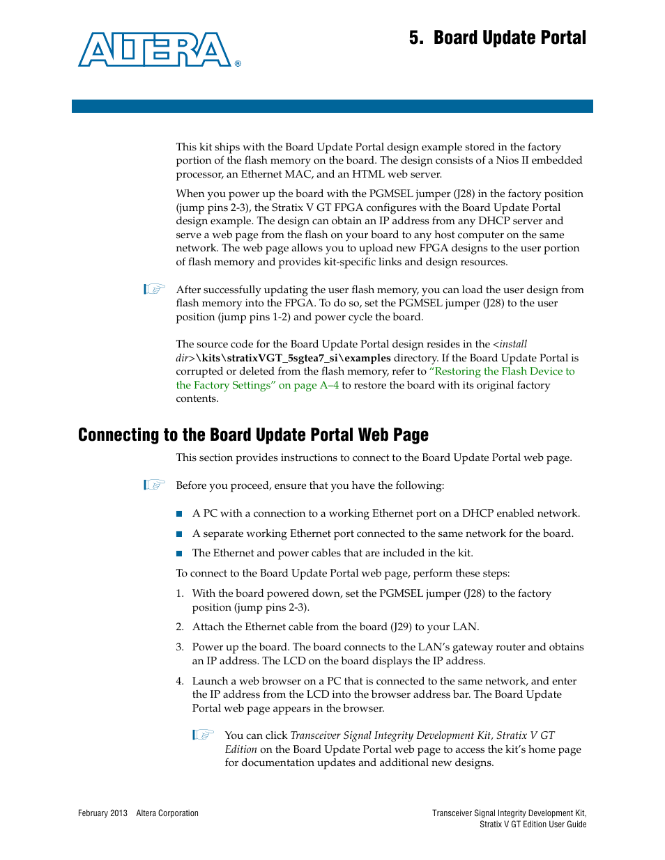 Board update portal, Chapter 5. board update portal, Connecting to the board update portal web page | Altera Transceiver Signal Integrity User Manual | Page 23 / 56