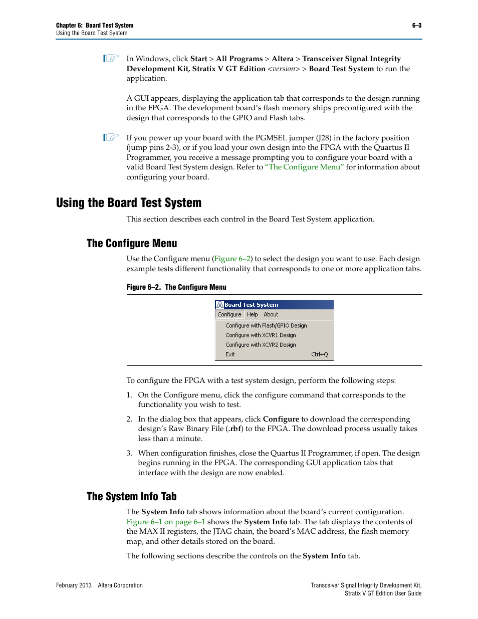 Using the board test system, The configure menu, The system info tab | Using the board test system –3, The configure menu –3 the system info tab –3 | Altera Transceiver Signal Integrity User Manual | Page 27 / 56
