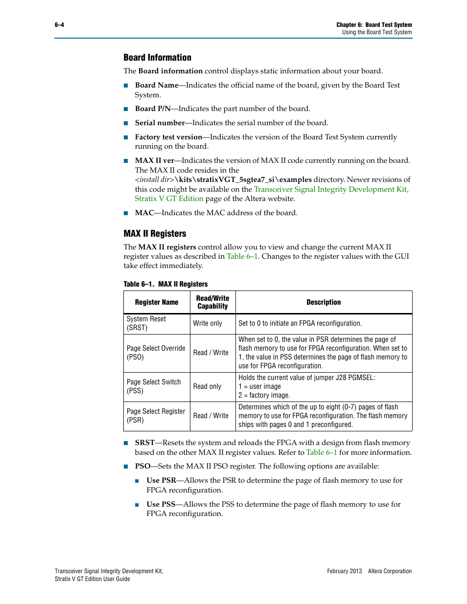 Board information, Max ii registers, Board information –4 max ii registers –4 | Altera Transceiver Signal Integrity User Manual | Page 28 / 56