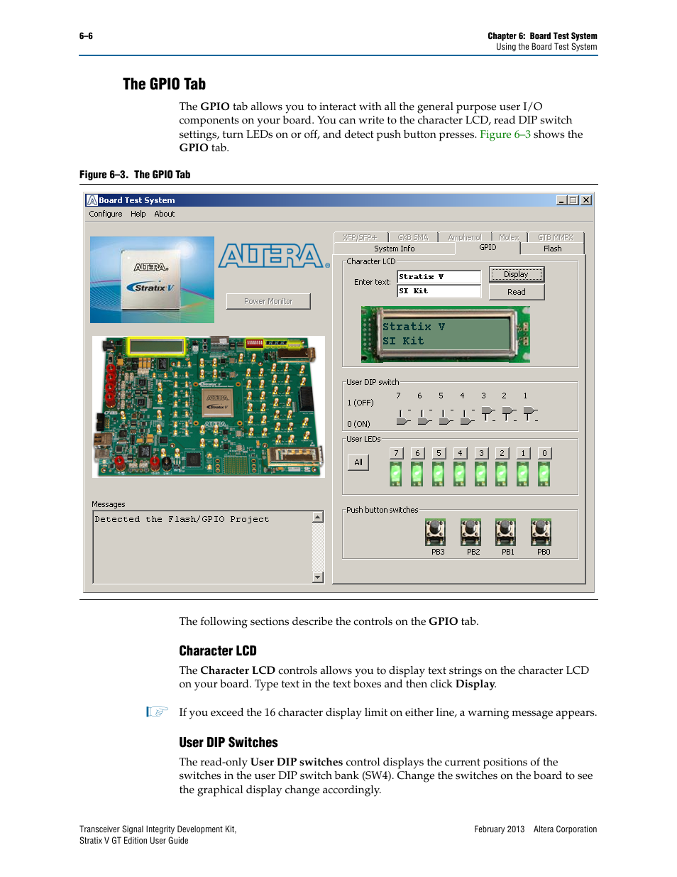 The gpio tab, Character lcd, User dip switches | The gpio tab –6, Character lcd –6 user dip switches –6 | Altera Transceiver Signal Integrity User Manual | Page 30 / 56