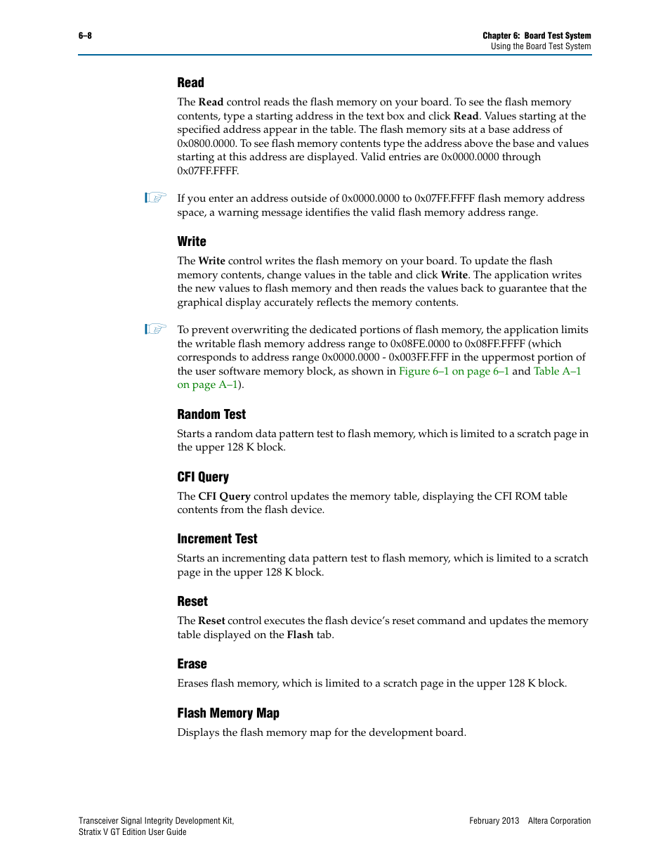 Read, Write, Random test | Cfi query, Increment test, Reset, Erase, Flash memory map, Erase –8 flash memory map –8 | Altera Transceiver Signal Integrity User Manual | Page 32 / 56