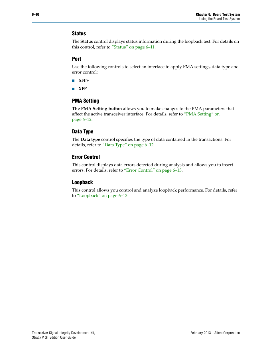 Status, Port, Pma setting | Data type, Error control, Loopback | Altera Transceiver Signal Integrity User Manual | Page 34 / 56