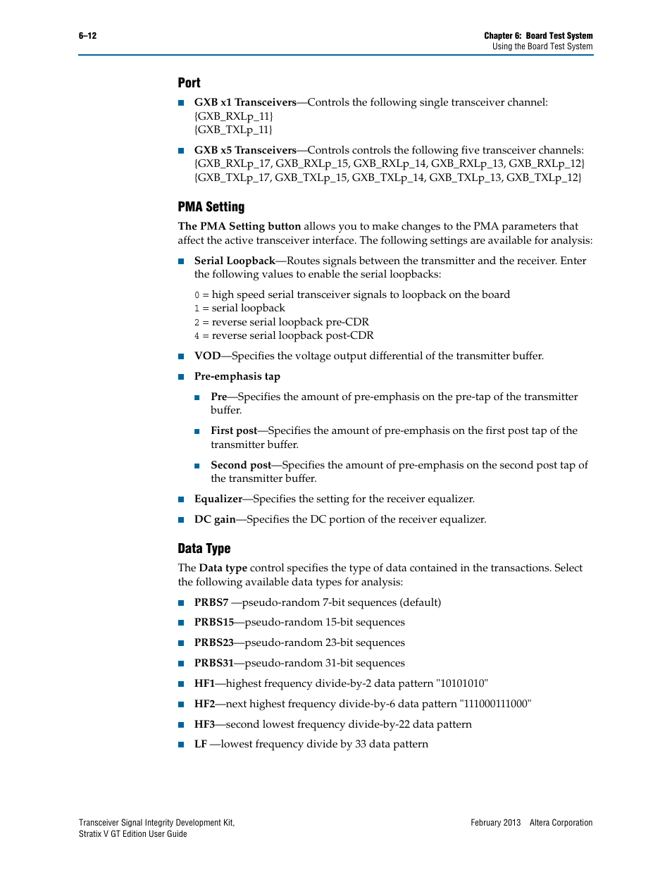 Port, Pma setting, Data type | Port –12 pma setting –12 data type –12, Pma setting” on | Altera Transceiver Signal Integrity User Manual | Page 36 / 56