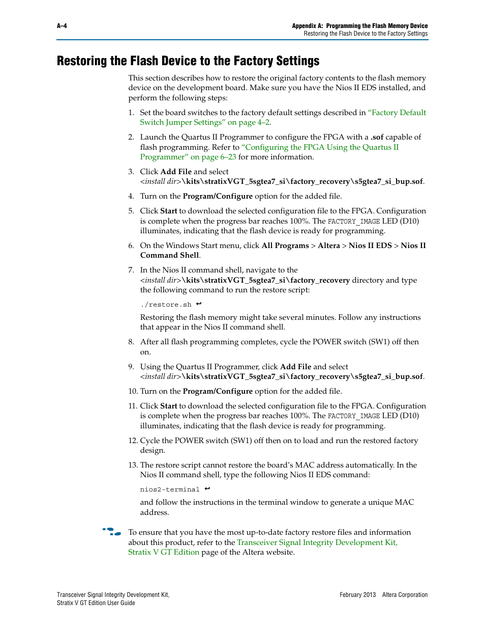 Restoring the flash device to the factory settings, Fer to, Restoring the | Altera Transceiver Signal Integrity User Manual | Page 52 / 56