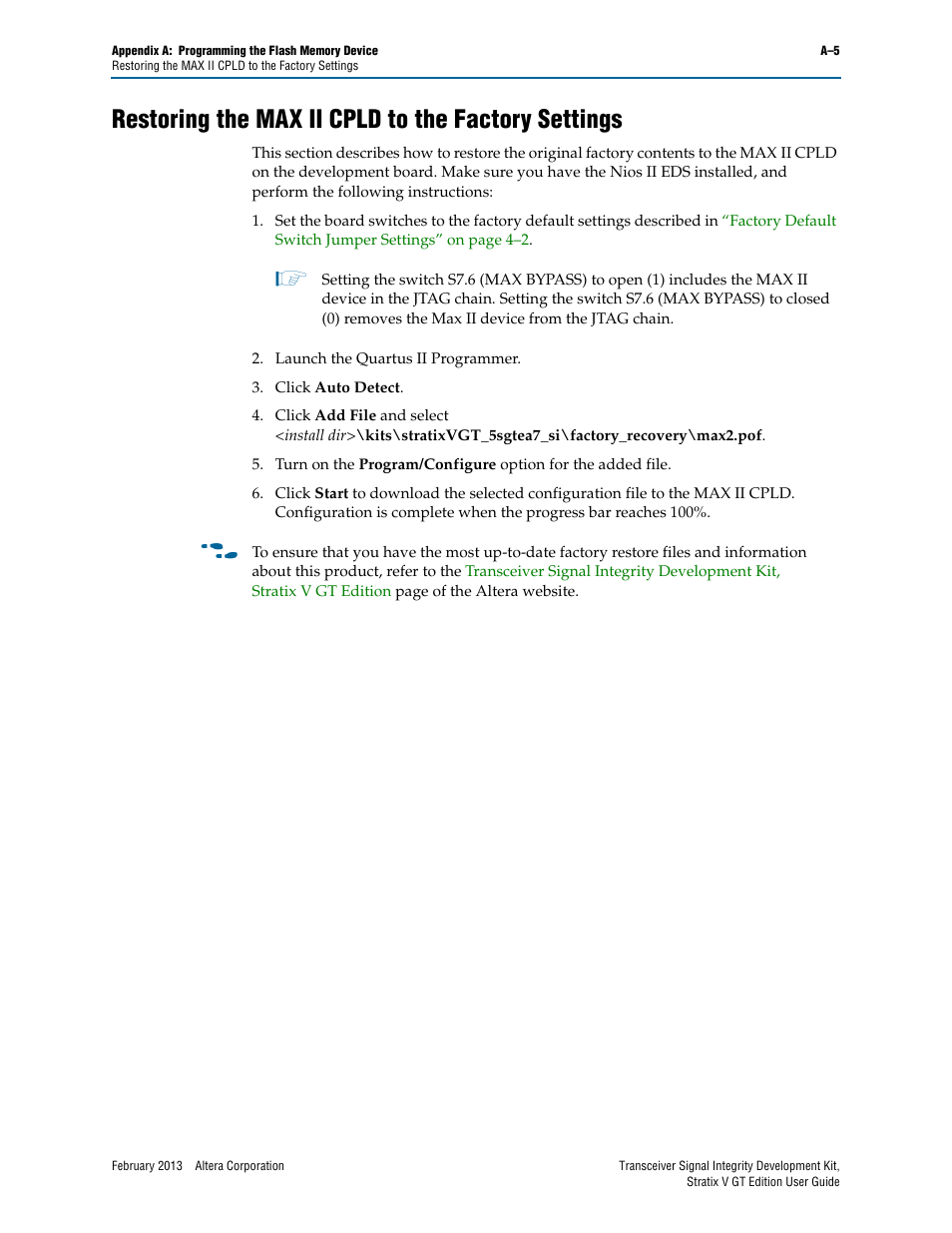 Restoring the max ii cpld to the factory settings | Altera Transceiver Signal Integrity User Manual | Page 53 / 56