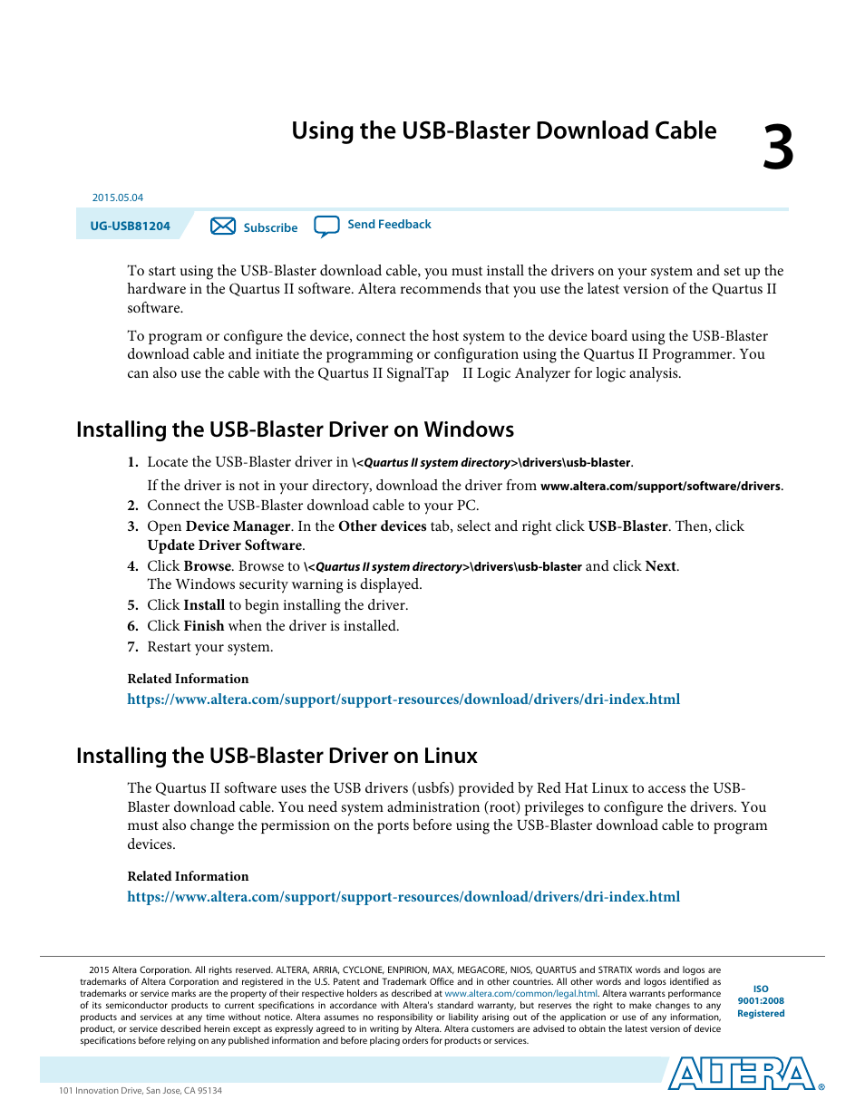Using the usb-blaster download cable, Installing the usb-blaster driver on windows, Installing the usb-blaster driver on linux | Using the usb-blaster download cable -1, Installing the usb-blaster driver on windows -1, Installing the usb-blaster driver on linux -1 | Altera USB Blaster User Manual | Page 11 / 16