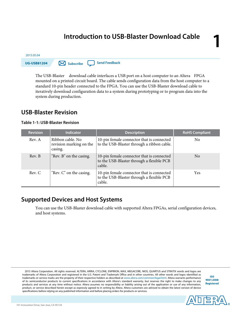 Introduction to usb-blaster download cable, Usb-blaster revision, Supported devices and host systems | Introduction to usb-blaster download cable -1, Usb-blaster revision -1, Supported devices and host systems -1 | Altera USB Blaster User Manual | Page 3 / 16