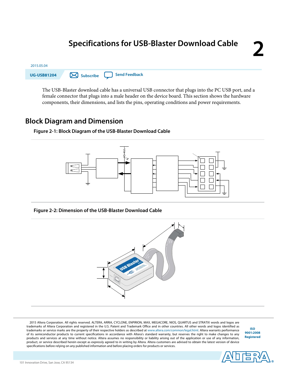 Specifications for usb-blaster download cable, Block diagram and dimension, Specifications for usb-blaster download cable -1 | Block diagram and dimension -1 | Altera USB Blaster User Manual | Page 5 / 16