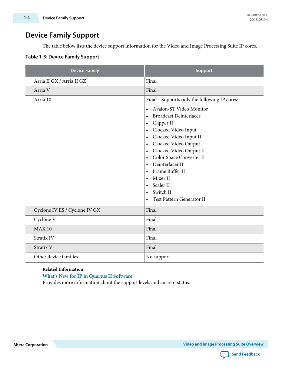 Device family support, Device family support -4 | Altera Video and Image Processing Suite User Manual | Page 10 / 310