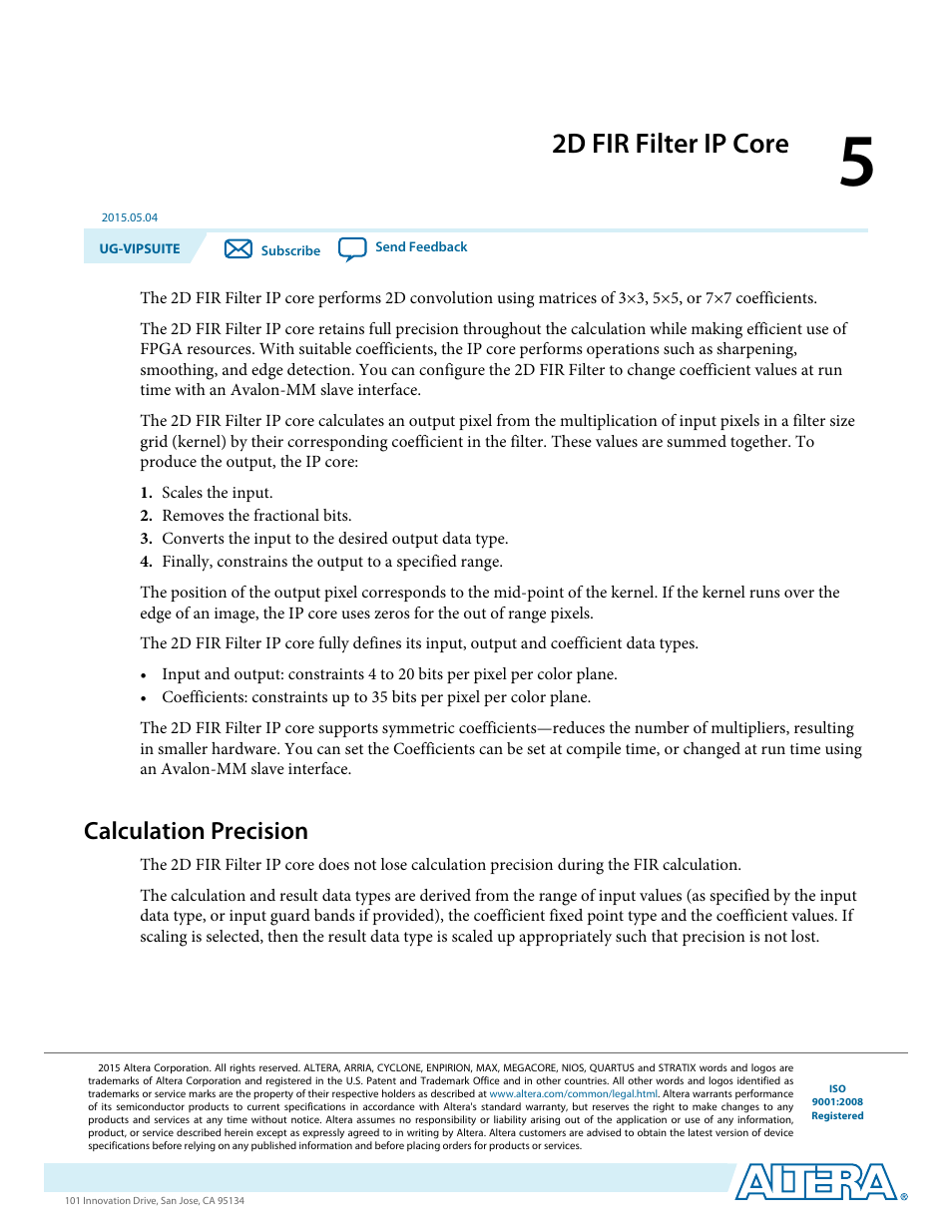 2d fir filter ip core, Calculation precision, 2d fir filter ip core -1 | Calculation precision -1 | Altera Video and Image Processing Suite User Manual | Page 106 / 310