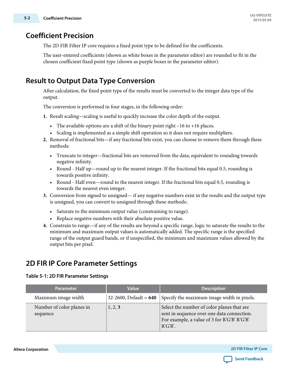 Coefficient precision, Result to output data type conversion, 2d fir ip core parameter settings | Coefficient precision -2, Result to output data type conversion -2, 2d fir ip core parameter settings -2 | Altera Video and Image Processing Suite User Manual | Page 107 / 310