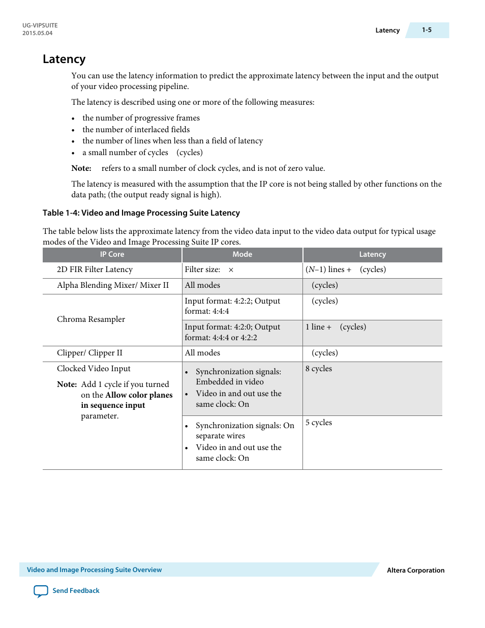 Latency, Latency -5 | Altera Video and Image Processing Suite User Manual | Page 11 / 310