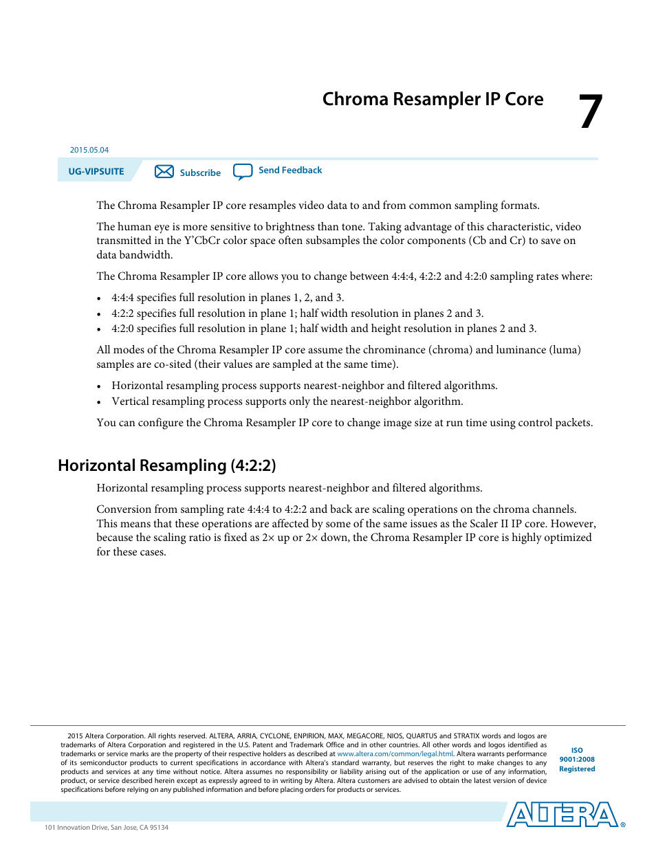 Chroma resampler ip core, Horizontal resampling (4:2:2), Chroma resampler ip core -1 | Horizontal resampling (4:2:2) -1 | Altera Video and Image Processing Suite User Manual | Page 122 / 310