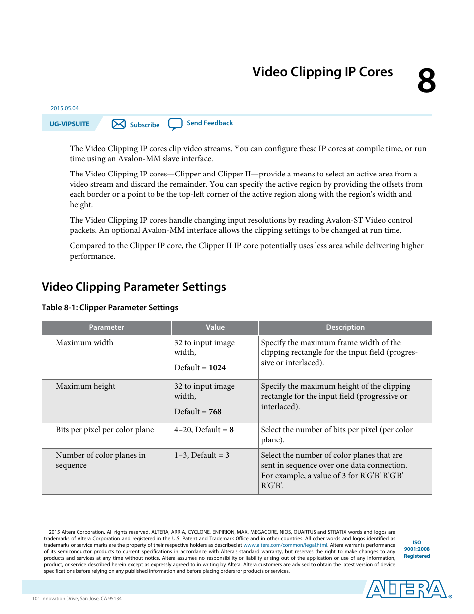 Video clipping ip cores, Video clipping parameter settings, Video clipping ip cores -1 | Video clipping parameter settings -1 | Altera Video and Image Processing Suite User Manual | Page 127 / 310