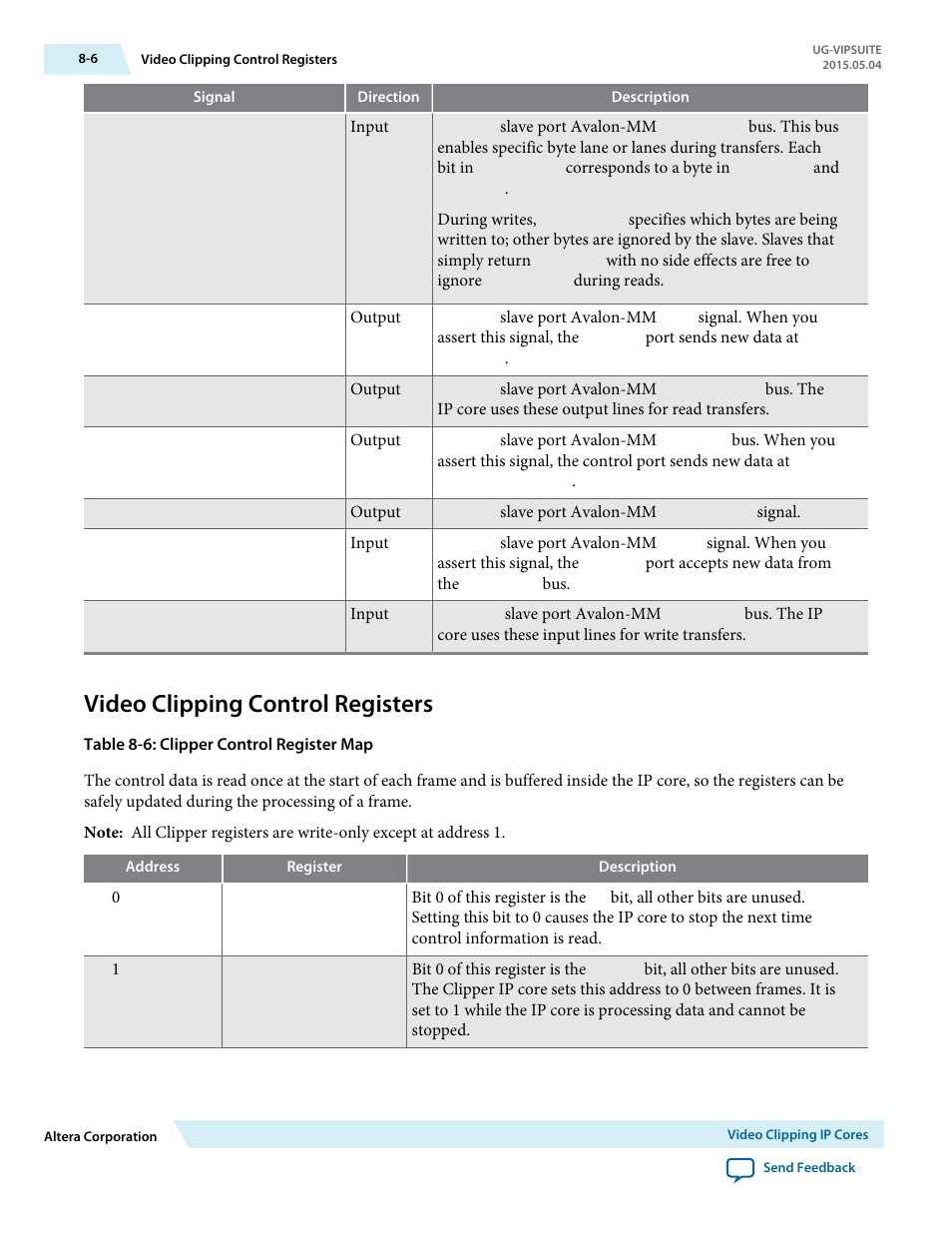 Video clipping control registers, Video clipping control registers -6 | Altera Video and Image Processing Suite User Manual | Page 132 / 310