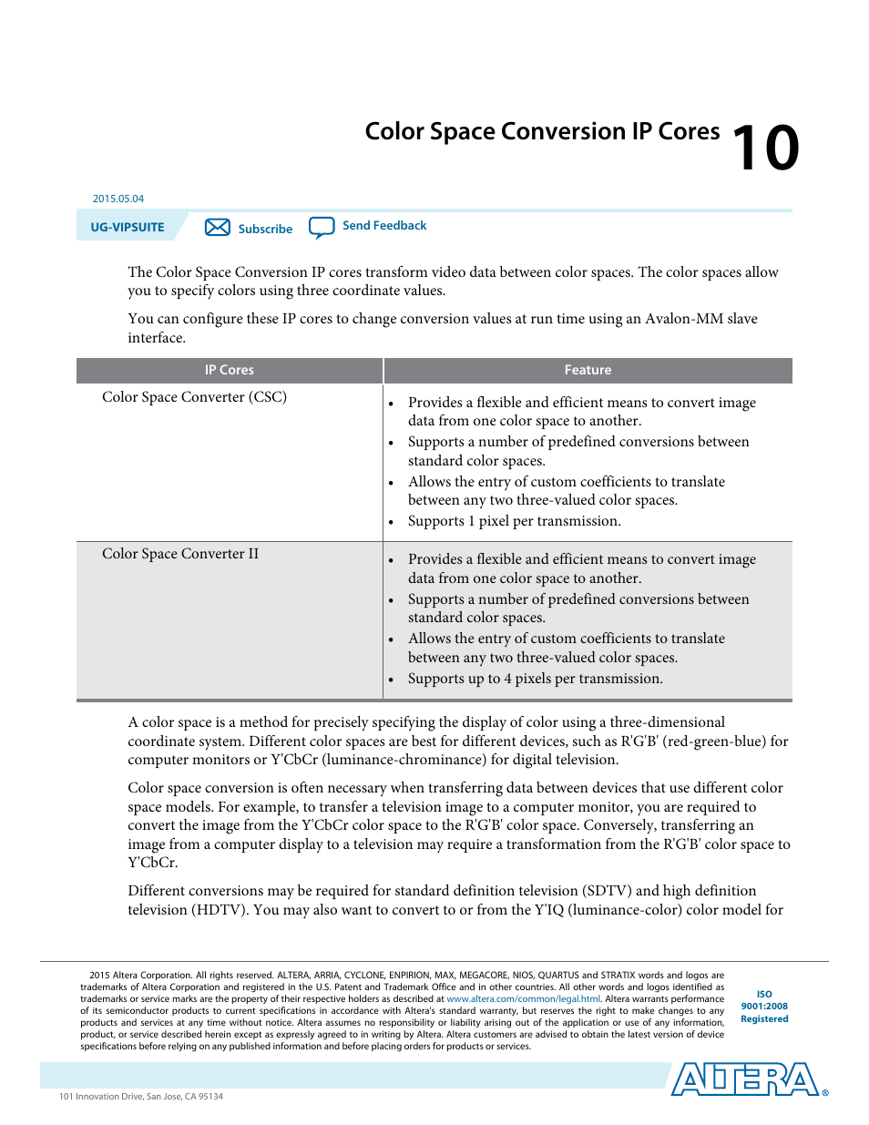 Color space conversion ip cores, Color space conversion ip cores -1 | Altera Video and Image Processing Suite User Manual | Page 141 / 310