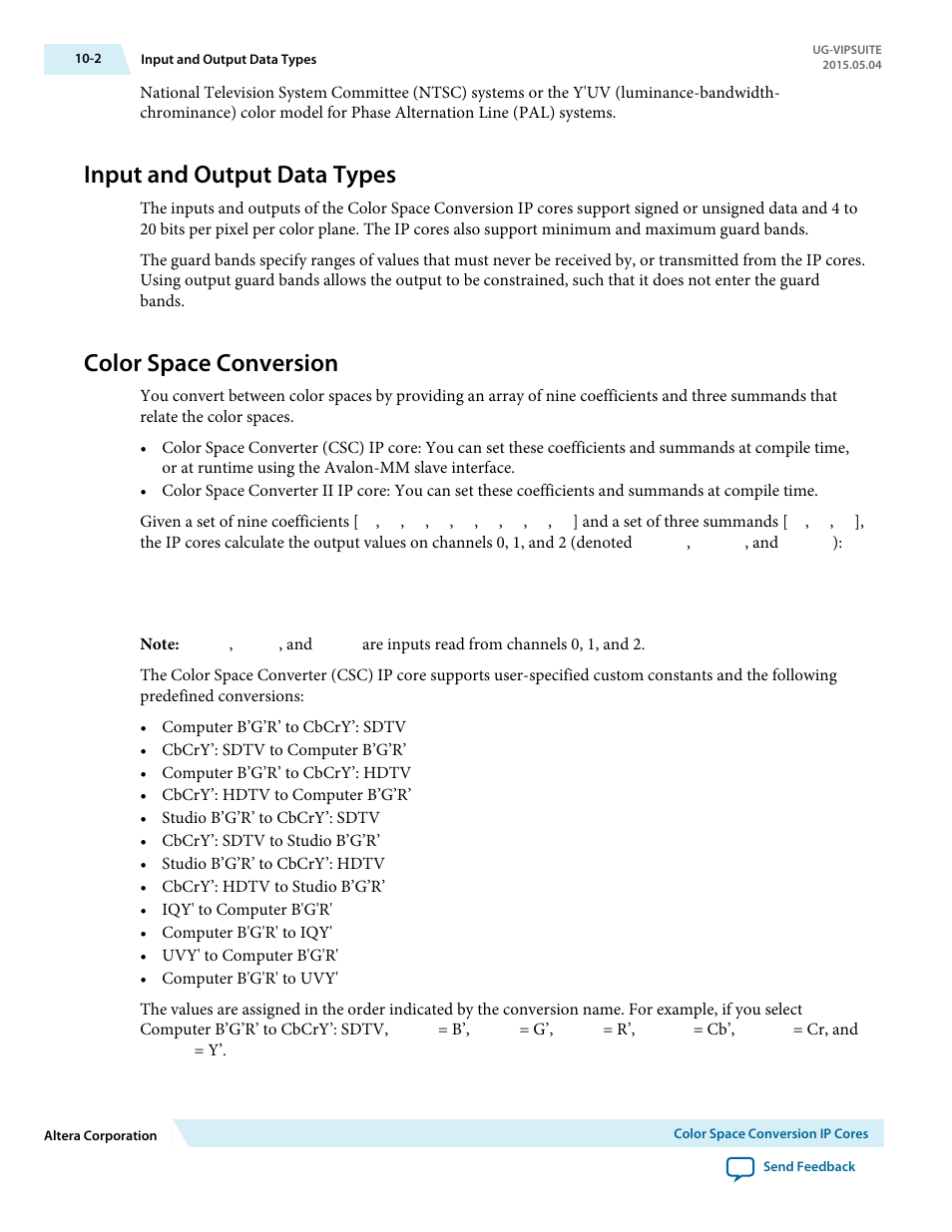 Input and output data types, Color space conversion, Input and output data types -2 | Color space conversion -2 | Altera Video and Image Processing Suite User Manual | Page 142 / 310