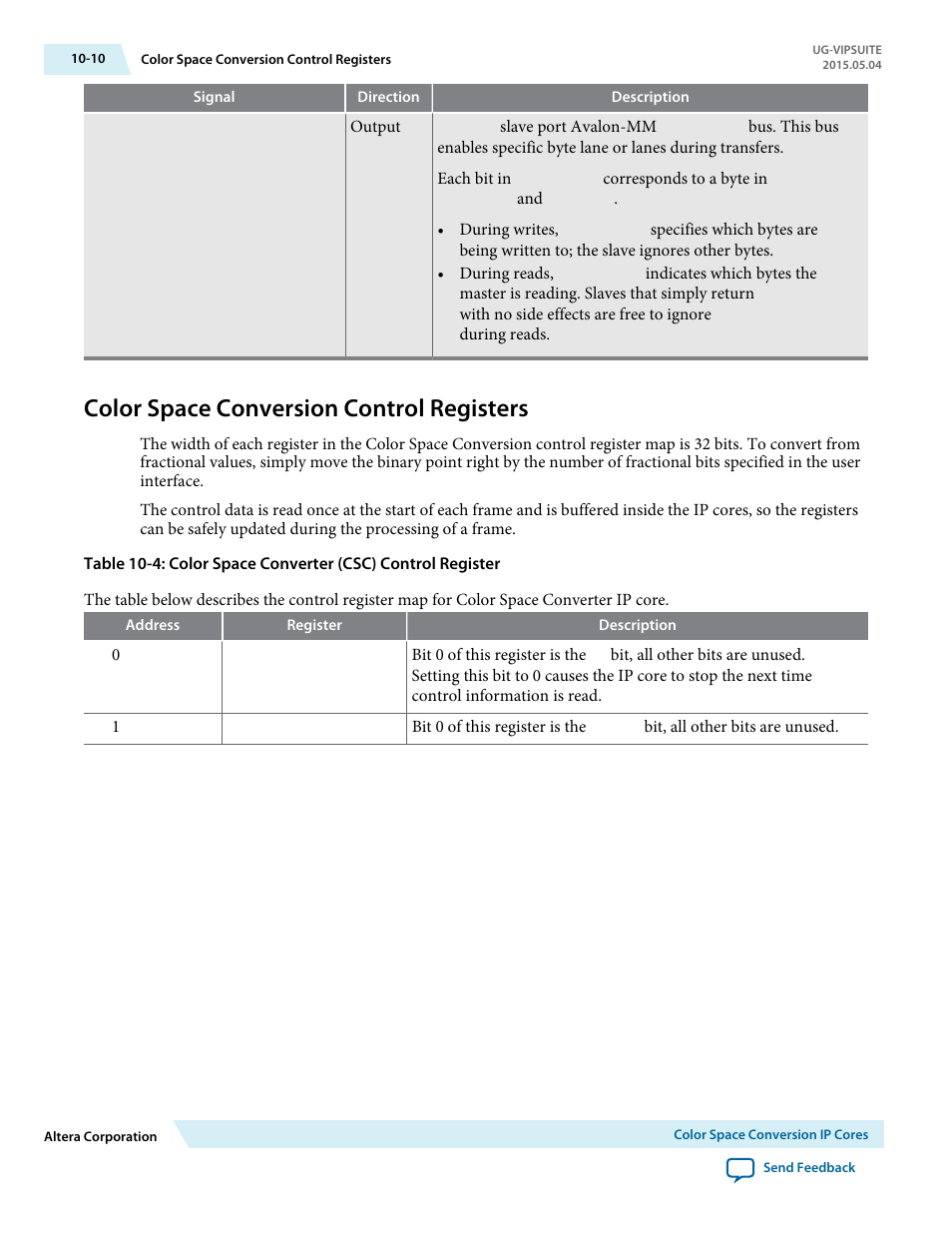 Color space conversion control registers, Color space conversion control registers -10 | Altera Video and Image Processing Suite User Manual | Page 150 / 310