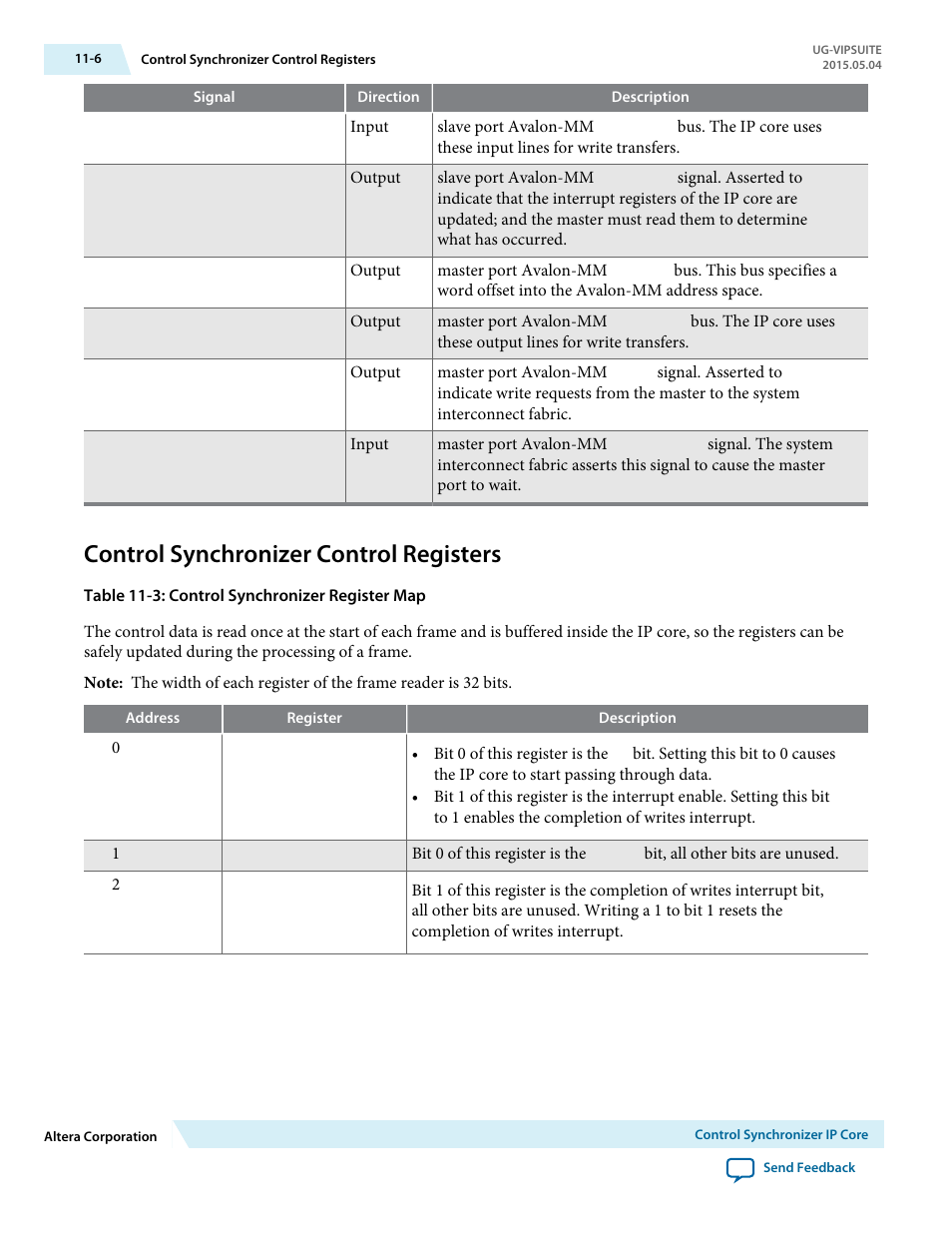 Control synchronizer control registers, Control synchronizer control registers -6 | Altera Video and Image Processing Suite User Manual | Page 158 / 310
