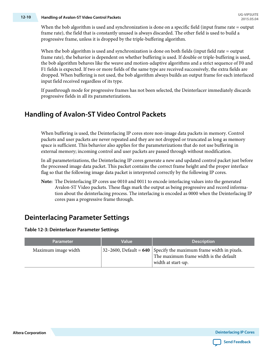 Handling of avalon-st video control packets, Deinterlacing parameter settings, Handling of avalon-st video control packets -10 | Deinterlacing parameter settings -10 | Altera Video and Image Processing Suite User Manual | Page 169 / 310