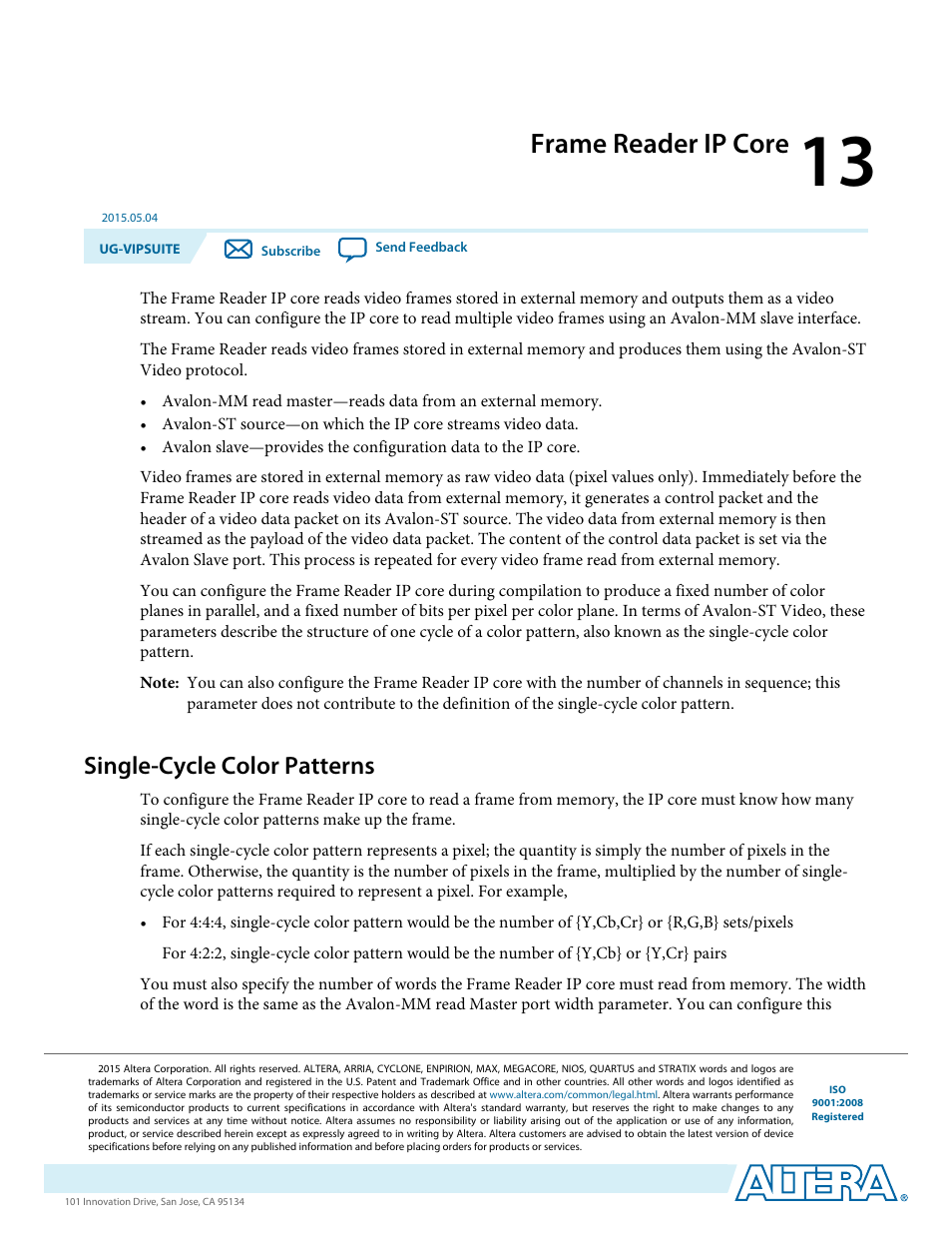 Frame reader ip core, Single-cycle color patterns, Frame reader ip core -1 | Single-cycle color patterns -1 | Altera Video and Image Processing Suite User Manual | Page 192 / 310
