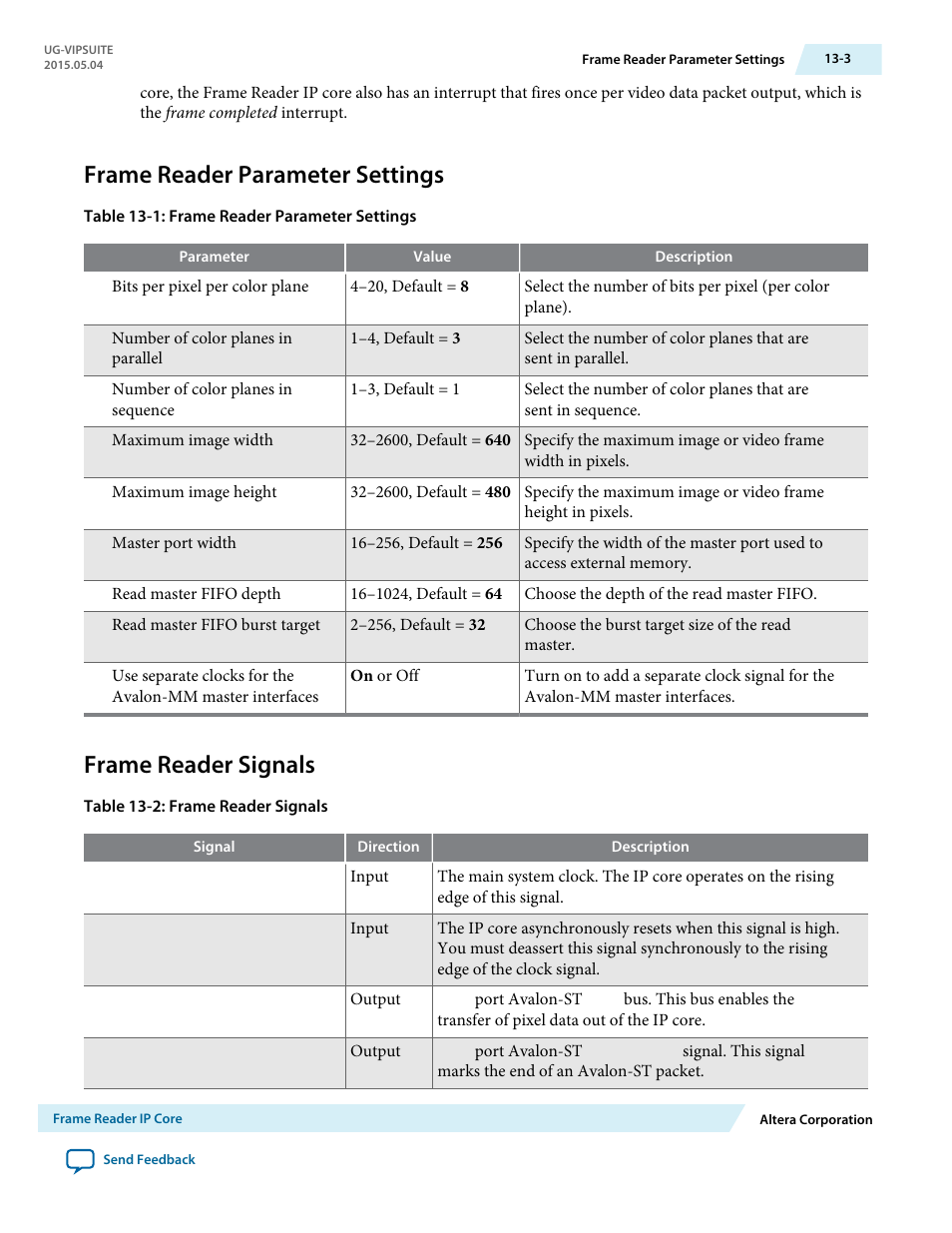 Frame reader parameter settings, Frame reader signals, Frame reader parameter settings -3 | Frame reader signals -3 | Altera Video and Image Processing Suite User Manual | Page 194 / 310