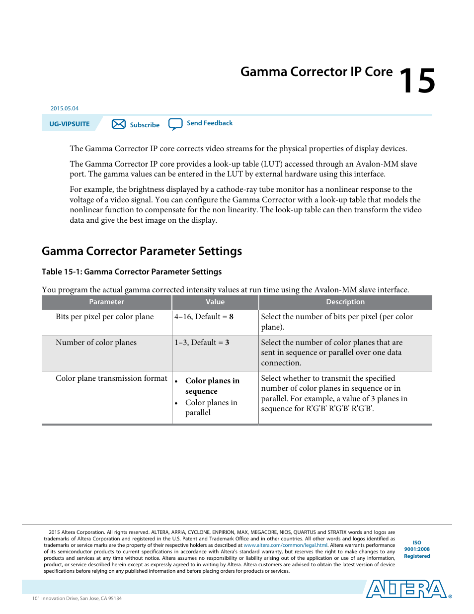 Gamma corrector ip core, Gamma corrector parameter settings, Gamma corrector ip core -1 | Gamma corrector parameter settings -1 | Altera Video and Image Processing Suite User Manual | Page 214 / 310