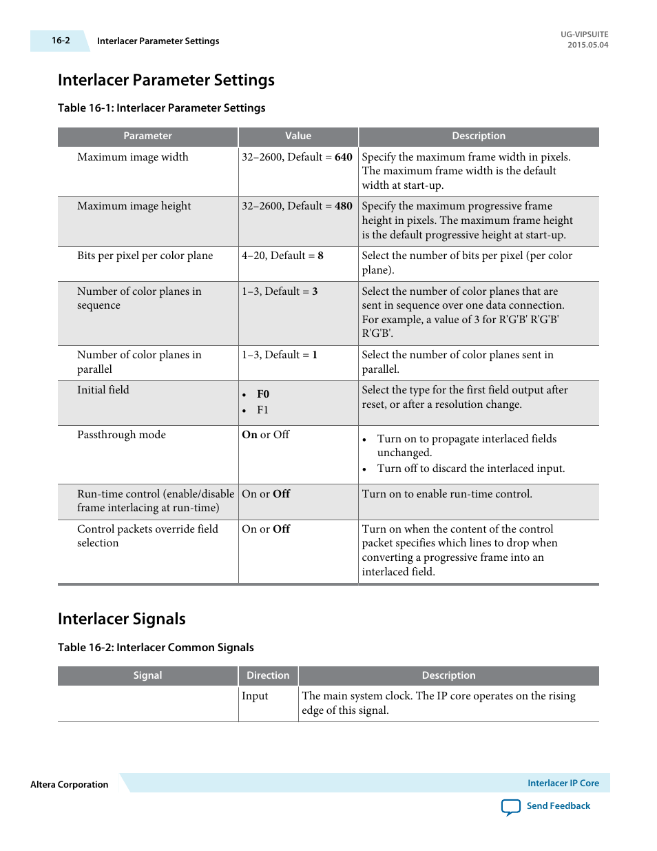 Interlacer parameter settings, Interlacer signals, Interlacer parameter settings -2 | Interlacer signals -2 | Altera Video and Image Processing Suite User Manual | Page 219 / 310