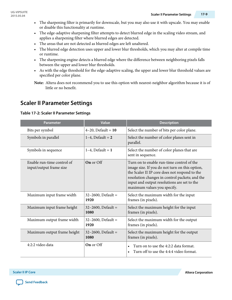 Scaler ii parameter settings, Scaler ii parameter settings -9 | Altera Video and Image Processing Suite User Manual | Page 230 / 310
