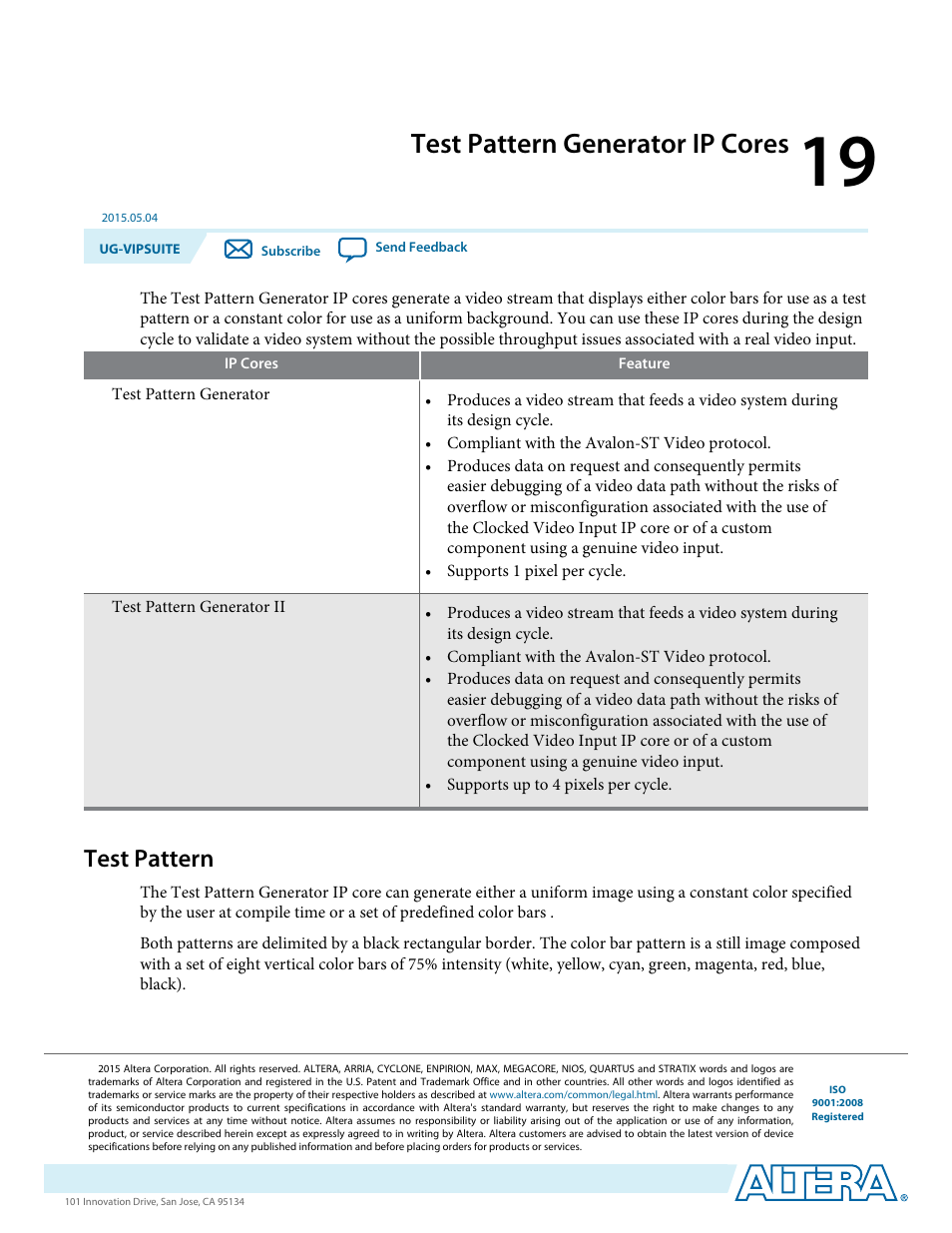 Test pattern generator ip cores, Test pattern, Test pattern generator ip cores -1 | Test pattern -1 | Altera Video and Image Processing Suite User Manual | Page 243 / 310