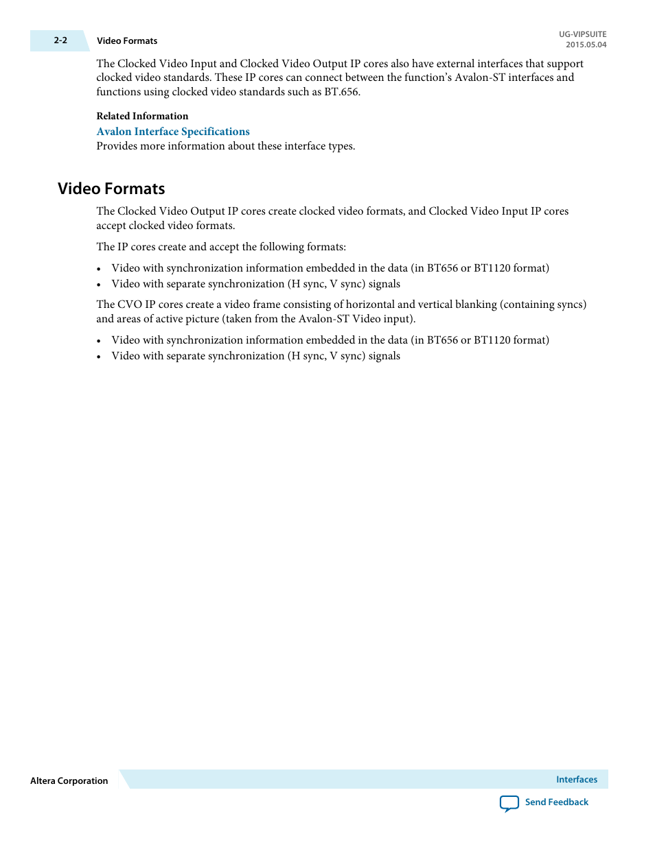 Video formats, Video formats -2 | Altera Video and Image Processing Suite User Manual | Page 29 / 310