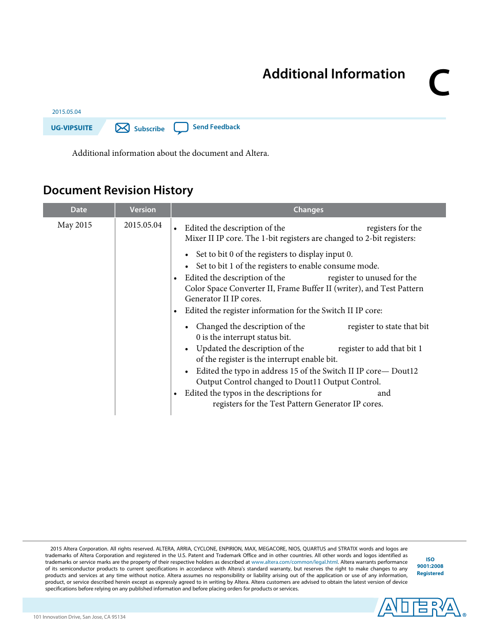 C. additional information, Document revision history, Additional information | Altera Video and Image Processing Suite User Manual | Page 306 / 310
