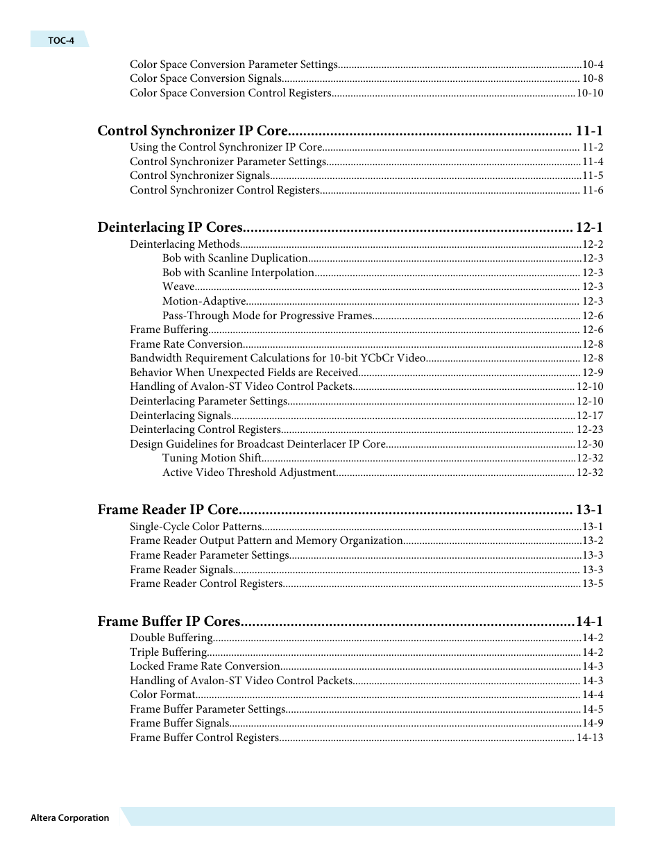 Control synchronizer ip core -1, Deinterlacing ip cores -1, Frame reader ip core -1 | Frame buffer ip cores -1 | Altera Video and Image Processing Suite User Manual | Page 4 / 310
