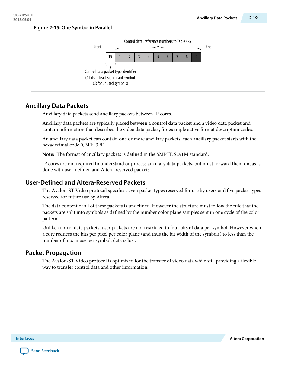 Ancillary data packets, User-defined and altera-reserved packets, Packet propagation | Ancillary data packets -19, User-defined and altera-reserved packets -19, Packet propagation -19 | Altera Video and Image Processing Suite User Manual | Page 46 / 310