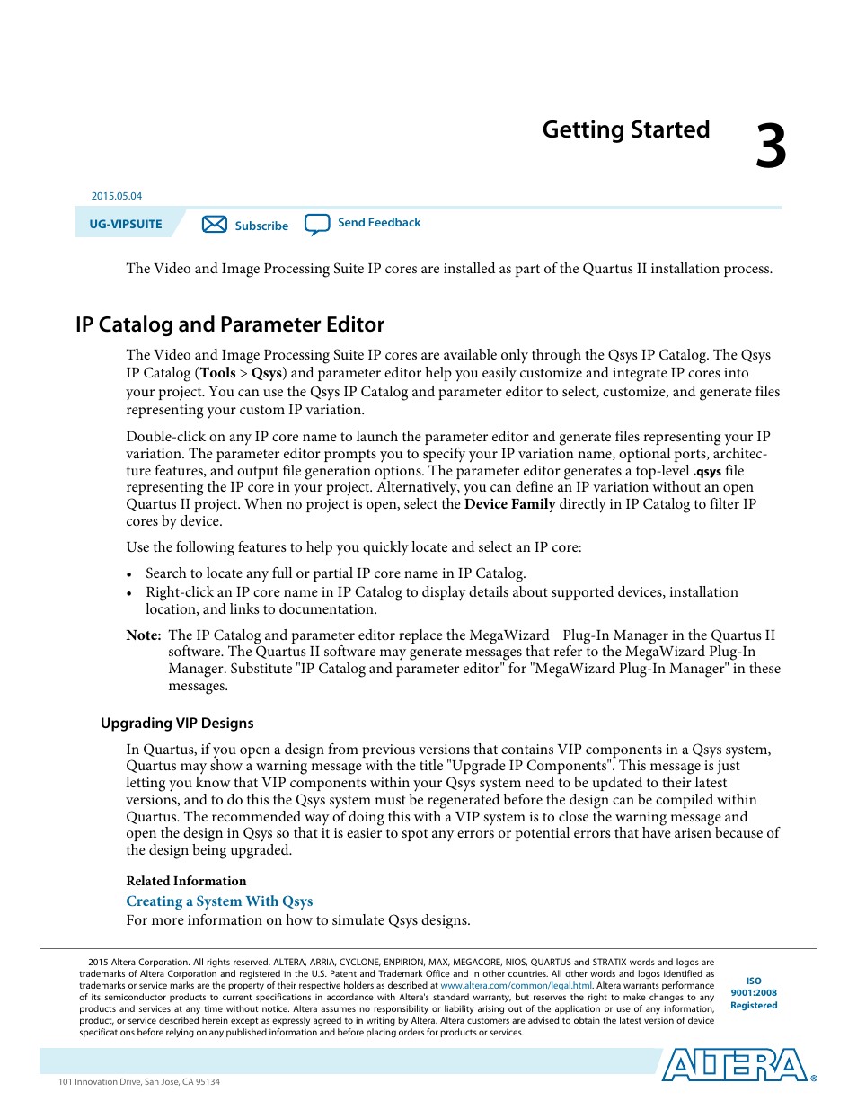 Getting started, Ip catalog and parameter editor, Getting started -1 | Ip catalog and parameter editor -1 | Altera Video and Image Processing Suite User Manual | Page 57 / 310