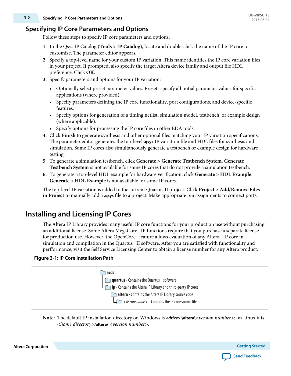 Specifying ip core parameters and options, Installing and licensing ip cores, Specifying ip core parameters and options -2 | Installing and licensing ip cores -2 | Altera Video and Image Processing Suite User Manual | Page 58 / 310