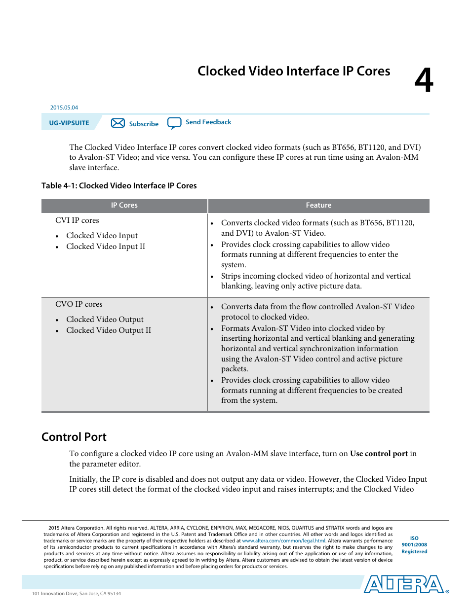 Clocked video interface ip cores, Control port, Clocked video interface ip cores -1 | Control port -1 | Altera Video and Image Processing Suite User Manual | Page 60 / 310