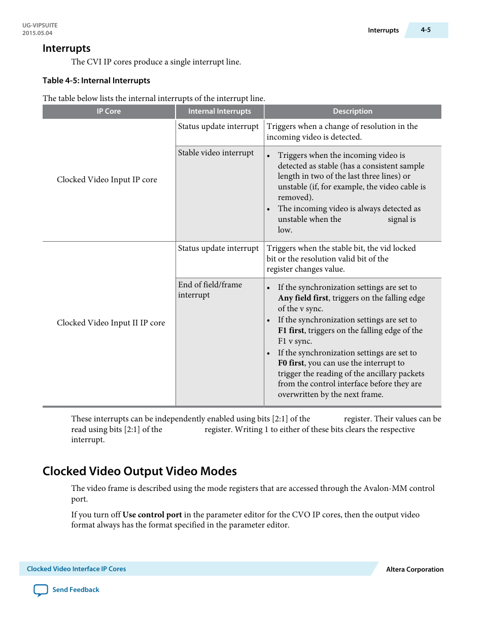 Interrupts, Clocked video output video modes, Interrupts -5 | Clocked video output video modes -5 | Altera Video and Image Processing Suite User Manual | Page 64 / 310