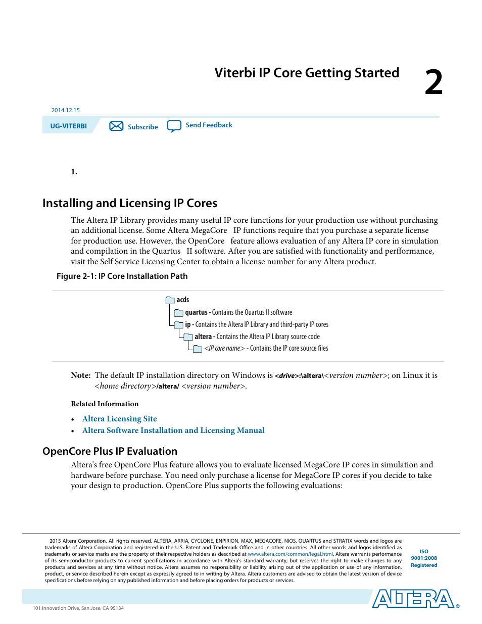 Viterbi ip core getting started, Installing and licensing ip cores, Opencore plus ip evaluation | Viterbi ip core getting started -1, Installing and licensing ip cores -1, Opencore plus ip evaluation -1 | Altera Viterbi Compiler User Manual | Page 10 / 40