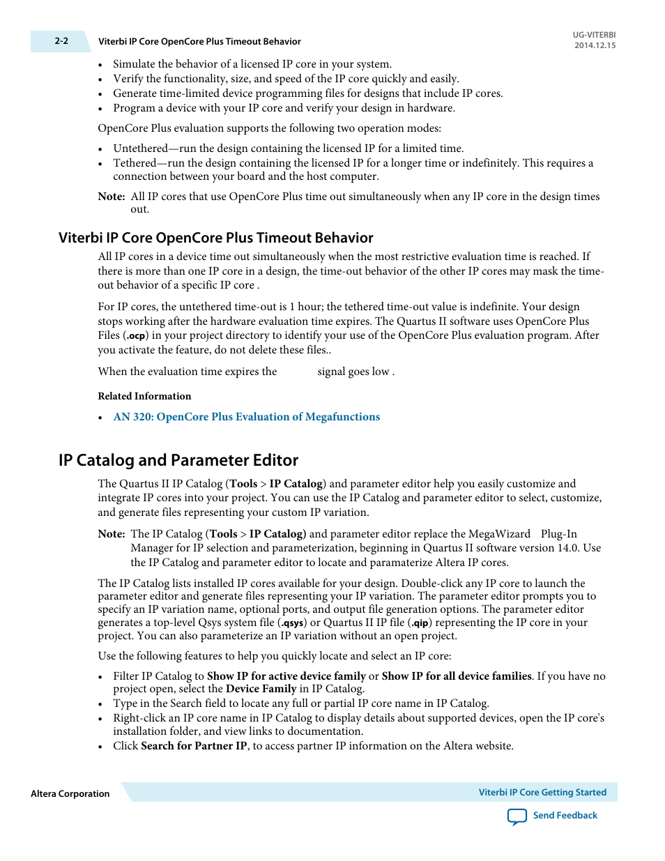 Viterbi ip core opencore plus timeout behavior, Ip catalog and parameter editor, Viterbi ip core opencore plus timeout behavior -2 | Ip catalog and parameter editor -2 | Altera Viterbi Compiler User Manual | Page 11 / 40