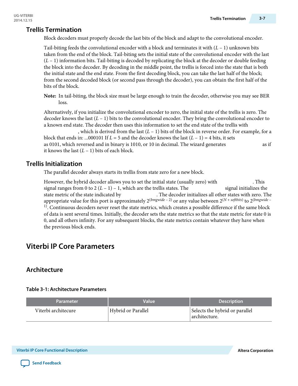 Trellis termination, Trellis initialization, Viterbi ip core parameters | Architecture, Trellis termination -7, Trellis initialization -7, Viterbi ip core parameters -7, Architecture -7 | Altera Viterbi Compiler User Manual | Page 25 / 40