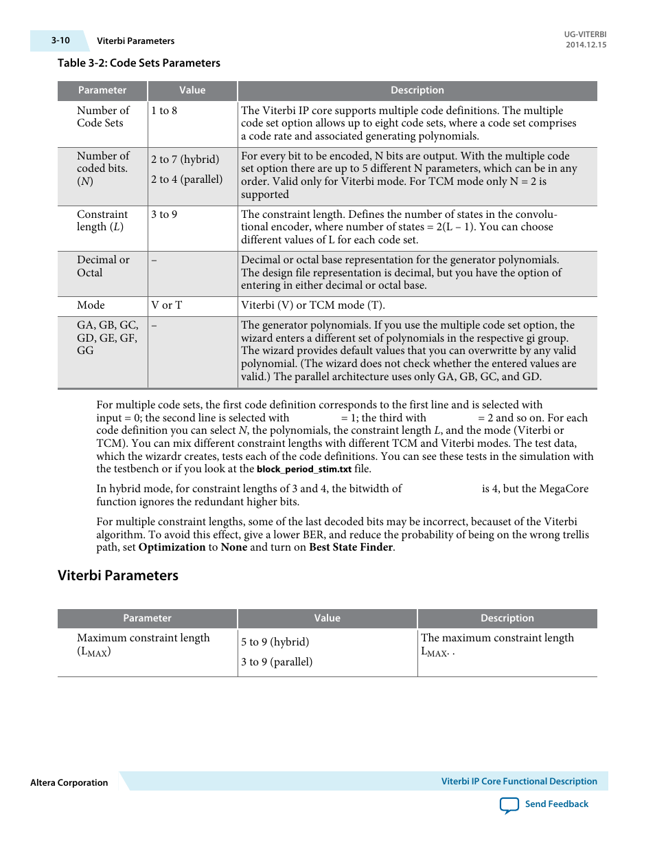 Viterbi parameters, Viterbi parameters -10 | Altera Viterbi Compiler User Manual | Page 28 / 40