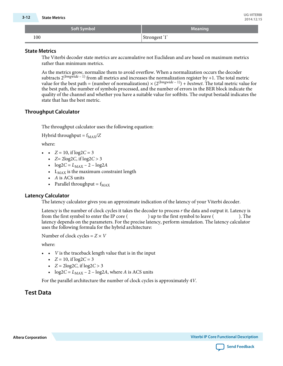 State metrics, Throughput calculator, Latency calculator | Test data, Test data -12 | Altera Viterbi Compiler User Manual | Page 30 / 40